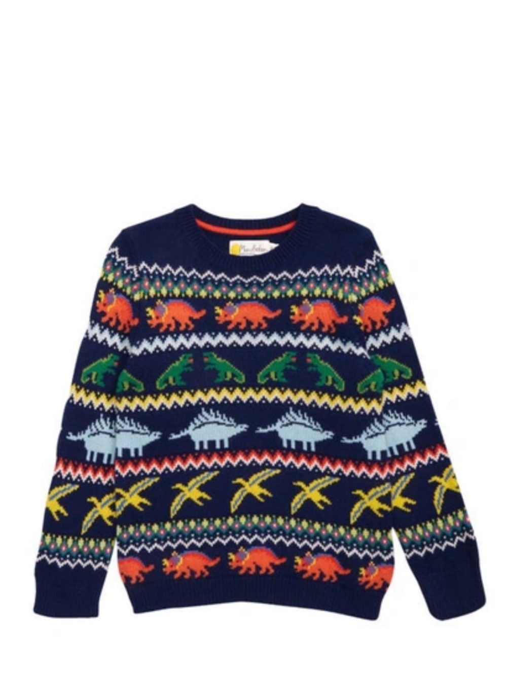 Mini Boden Navy Crewneck Sweater with Colorful Dinosaur Motif